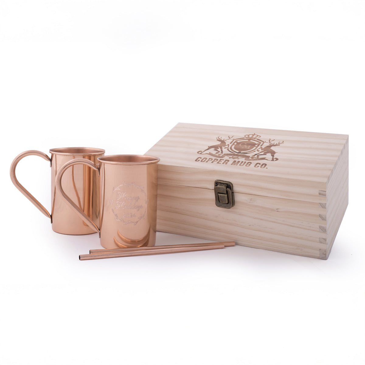 Holiday Gift Set Custom Engraved Copper Mugs in Wood Box